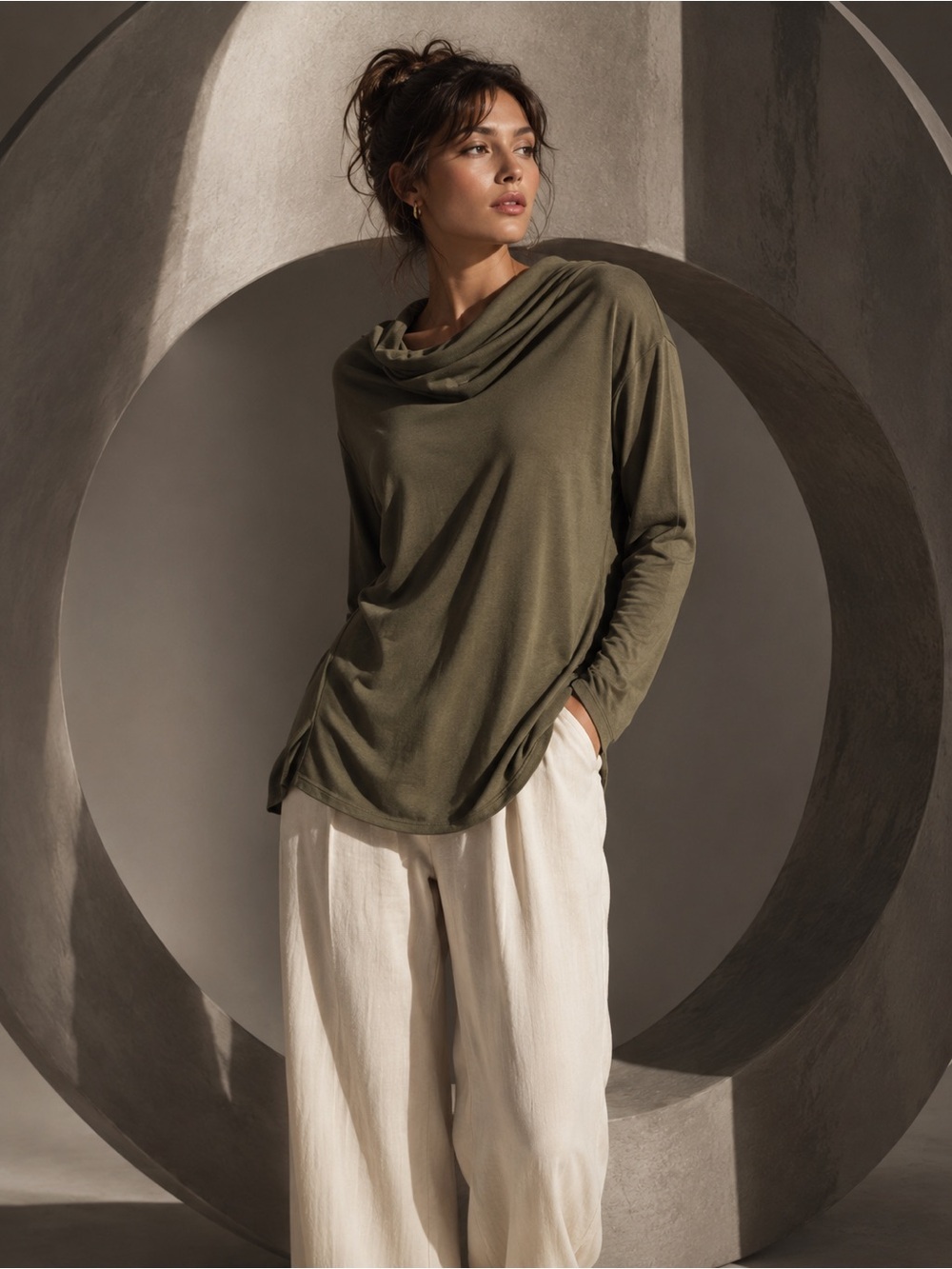 Belle by Kim Gravel Olive Cowl Neck Modal Knit Top XS
